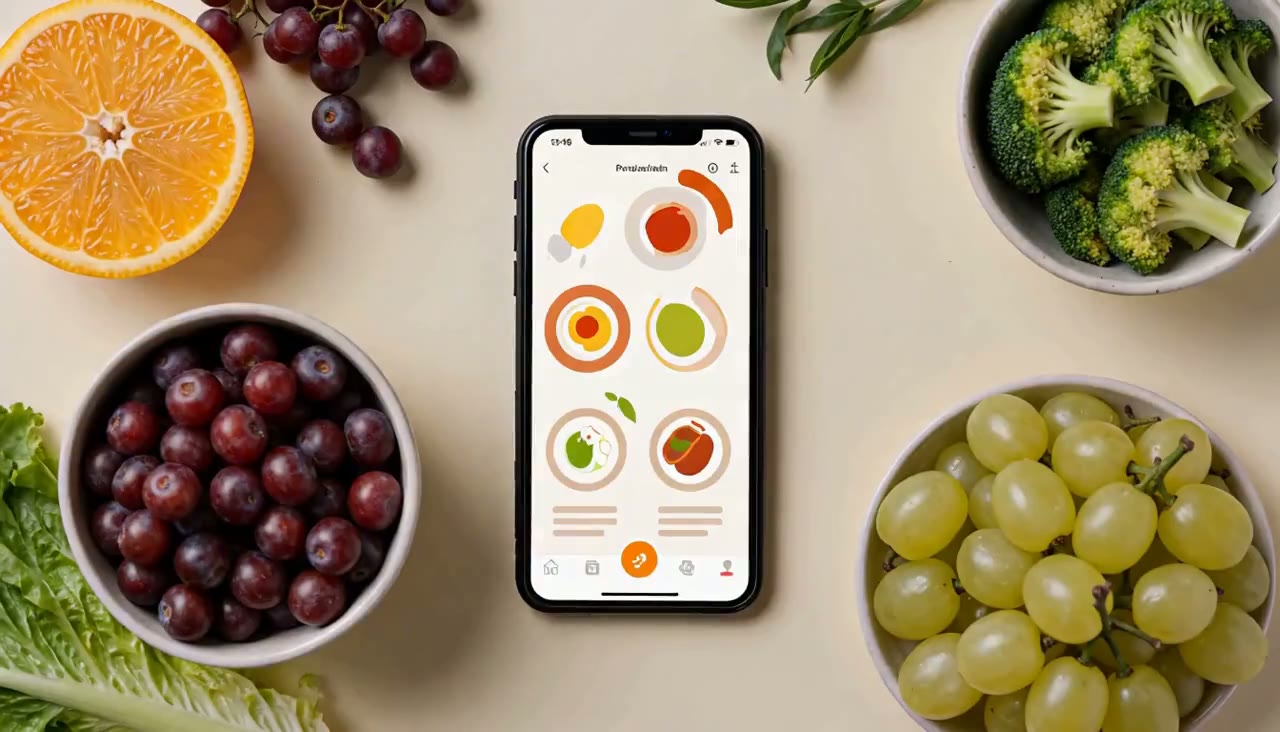 A colourful whole-food meal beside the EatWisely app